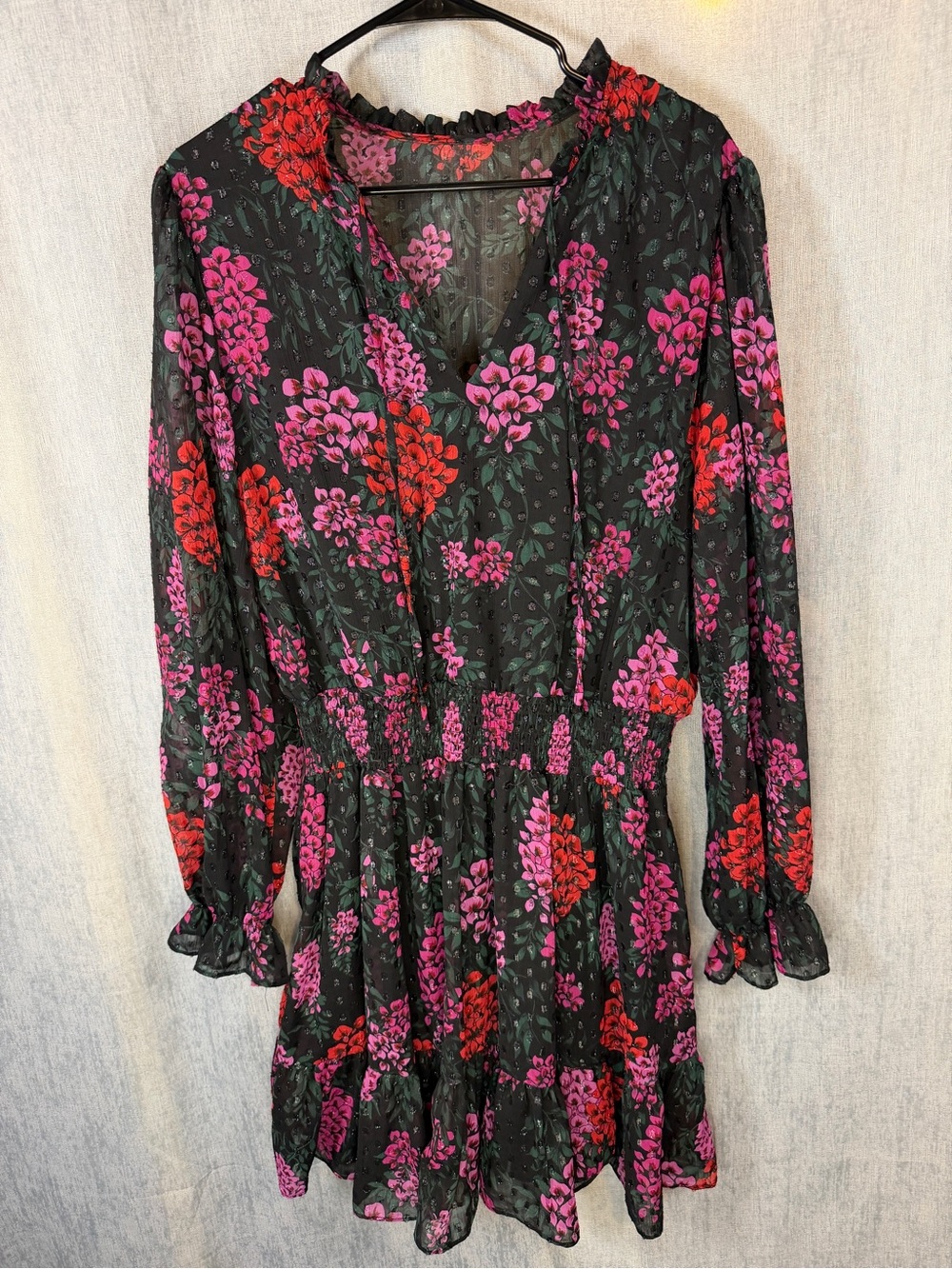 Bisou Bisou Michele Bohbot Floral Mini Dress Black Pink Smocked Ruffle XL